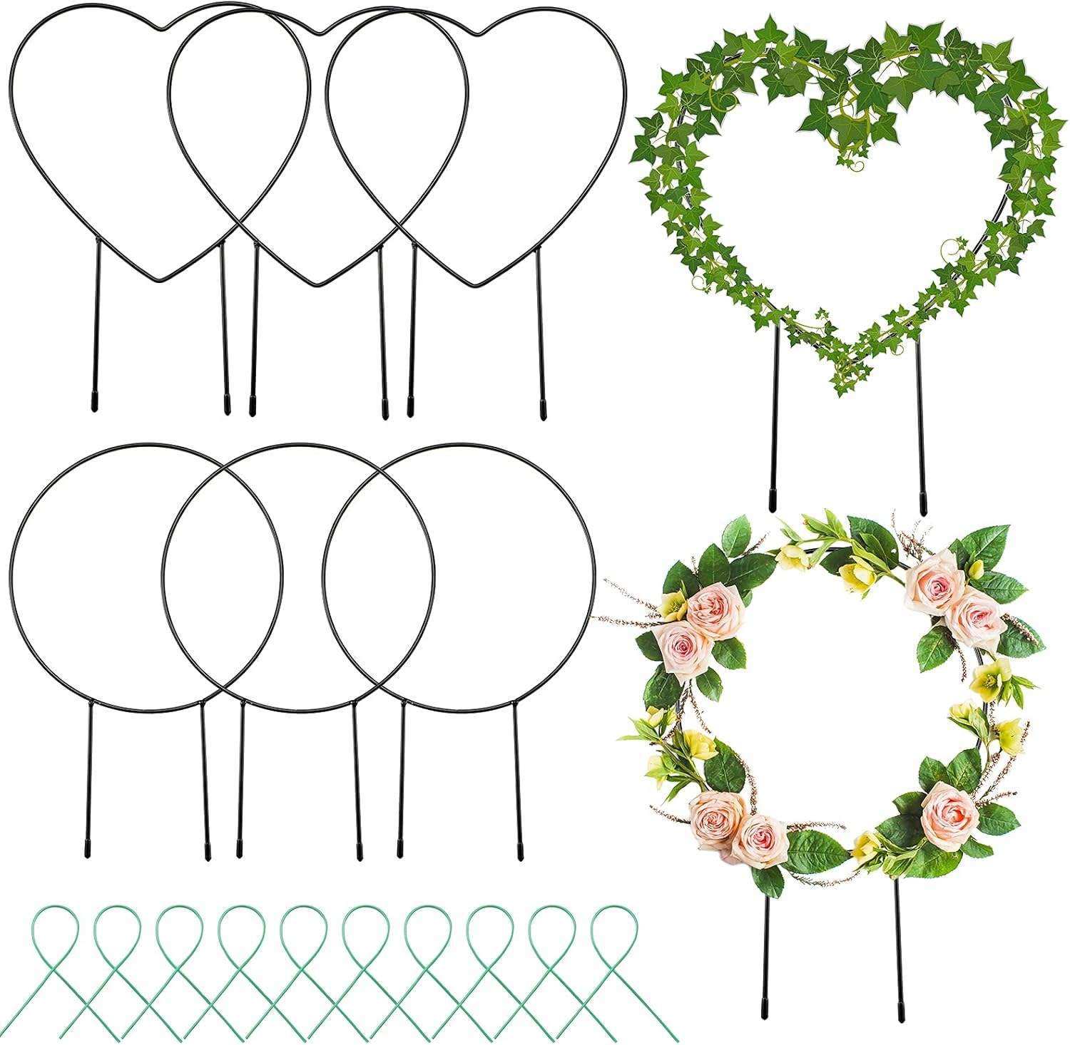 6 Pieces Black Metal Garden Trellis Circle and Heart-Shaped Trellis Plant Vine Stem Support Wire Metal Garden Trellis with 10 Plant Twist Tie for Plants Climbing Potted Garden Stem Stalks Vines