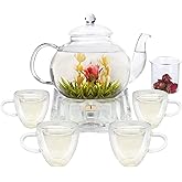 GURUDAR Glass Teapot Set, 40OZ/1200ml Stovetop Safe Glass Tea Kettle with 4 Double-Wall Tea Cups & Loose Tea Infuser & Tea Warmer, Dishwasher Safe Tea Maker, Blooming Tea Gift Set For Women