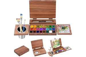 24 Grid Wooden Watercolor Palette, Foldable Travel Watercolor Palette with Magnetic Cover, Empty Palette Box Paint Tray, Port