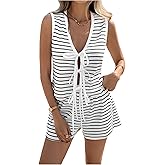 OYOANGLE Women's 2 Piece Outfits Striped Bow Tie Front Tank Top and Shorts Summer Lounge Set