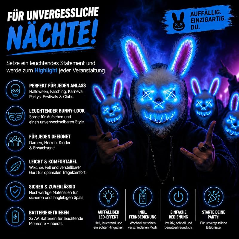 Horror Hase LED Grusel Maske - wie aus Purge steuerbar, Gesicht leuchtend, für Halloween, Fasching & Karneval als Kostüm für Herren & Damen (LED Horror Hase) — Foto 2 von 7