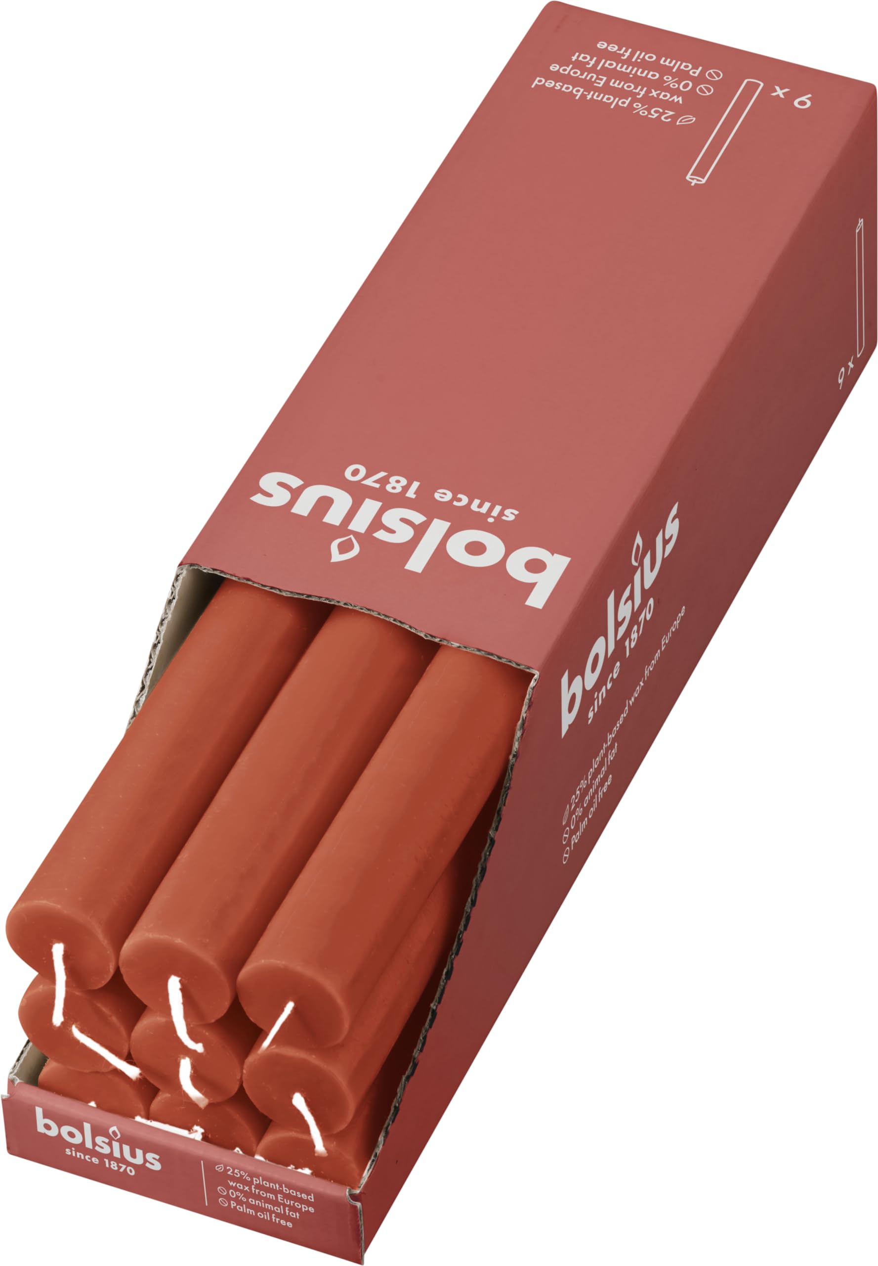 Bolsius Tapered Dinner Pillar Candles - Orange - Pack of 9 - Long Burning Time of 13 Hours - Household Candle - Interior Decoration - Unscented - Includes Natural Vegan Wax - 27 x 2.3 cm