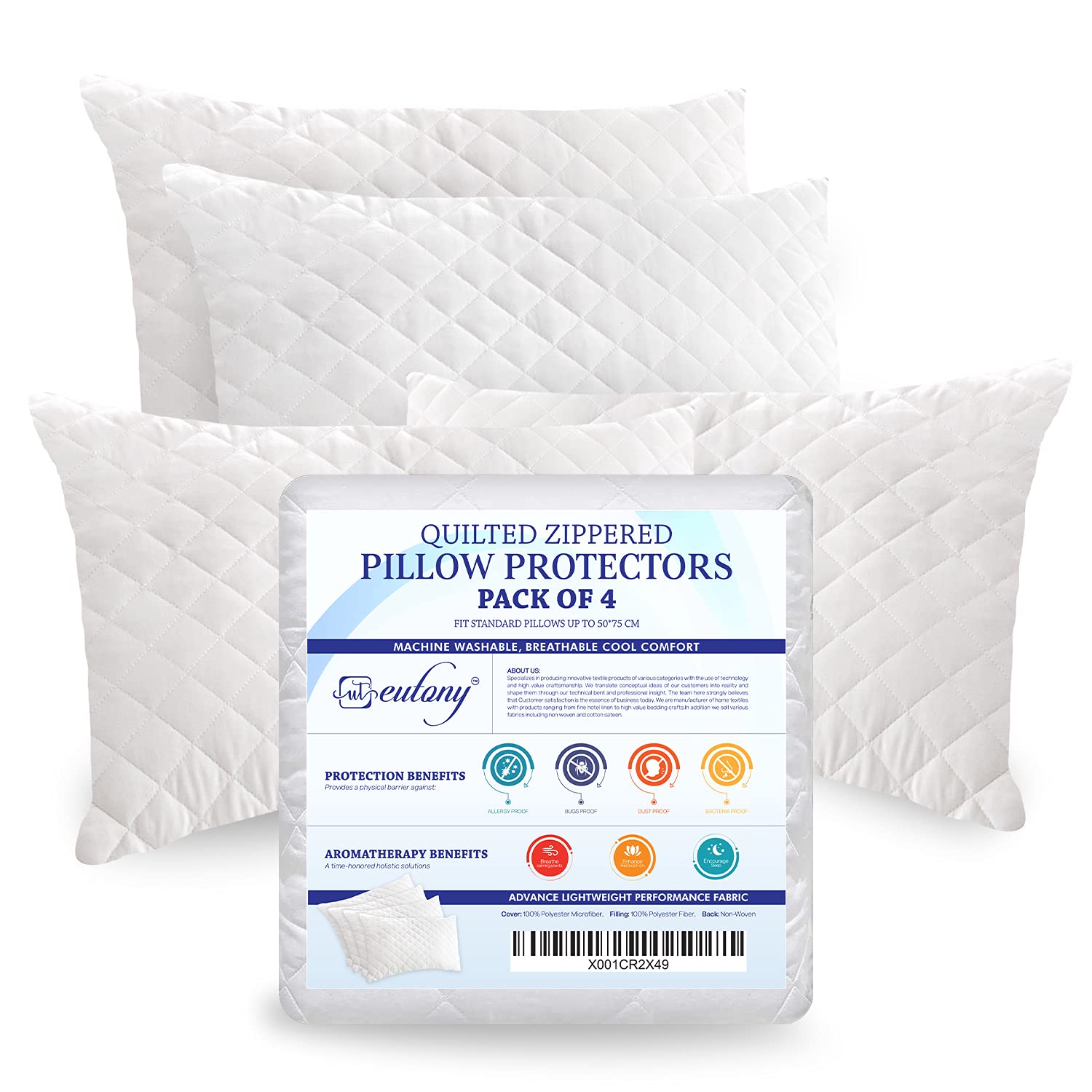 Eutony Pillow Protectors 4 Pack Quilted Zipped - Ultra Luxe Zipped Pillow Protectors, Quilted Pillow Protector, Soft & Breathable Hypoallergenic 50 x 75cm - White (Quilted Pack of 4 | 50x75 cm)