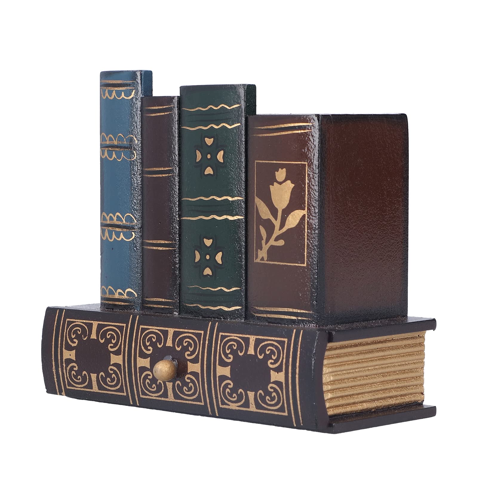 Pencil Holder Cup, Desktop Storage Organizer, Books Design Pencil Holder Organizer Vintage Wooden Pen Holders with Bottom Drawer, Retro Office Supply Caddy for Home Office Classroom Bedroom