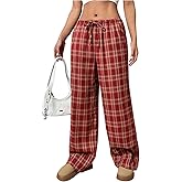 SOLY HUX Women's Plaid Straight Leg Casual Pants Drawstring Elastic Waist Baggy Sweatpants Trousers