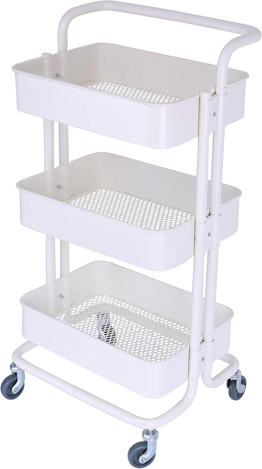 3-Tier Metal Mesh Storage Rolling Cart with Utility Handle, Indoor or Outdoor Storage Organizer, Cream White