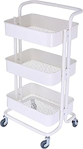 3-Tier Metal Mesh Storage Rolling Cart with Utility Handle, Indoor or Outdoor Storage Organizer, Cream White