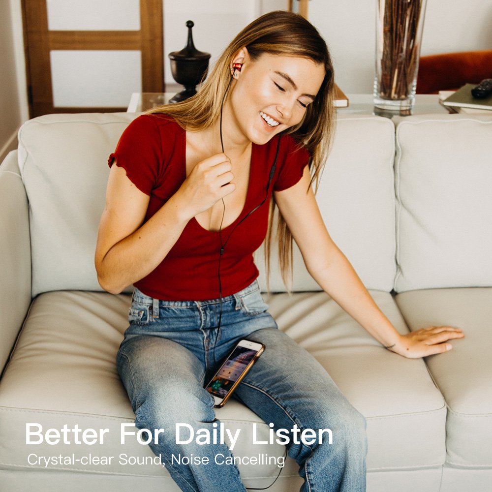 Earbuds, GGMM Heavy Deep Bass Ear Buds Wired Headphones with Microphone, Titanium Plated Driver Units Tangle Free Earphones with Carry Pouch, for Smart Devices Laptop MP3 Accessories, C300 Red