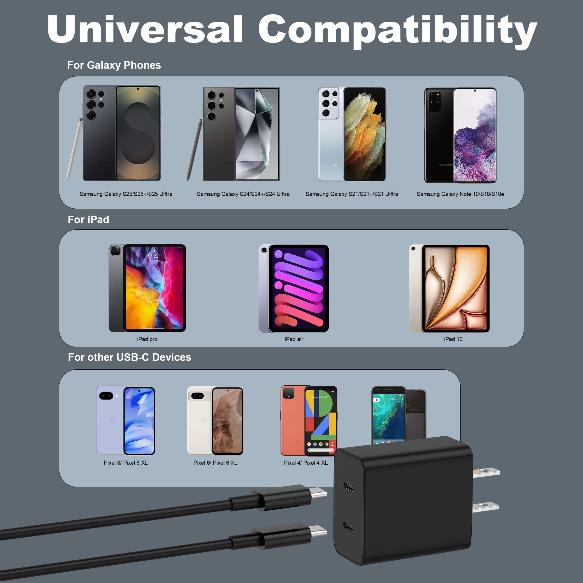 45W 2Pack Super Fast Charger USB C Dual Port Android Phone Charger Type C Fast Charging Block with 10FT Type-C Charger Cord for Samsung Galaxy S25/S25 Ultra/S25+/S24 Ultra/S24/S24+/S23/S22/iphone 17