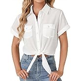 SRHJOPNFR Womens Button Down Shirt Fashion Tie Front Knot Short Sleeve Tops Casual Business Blouse
