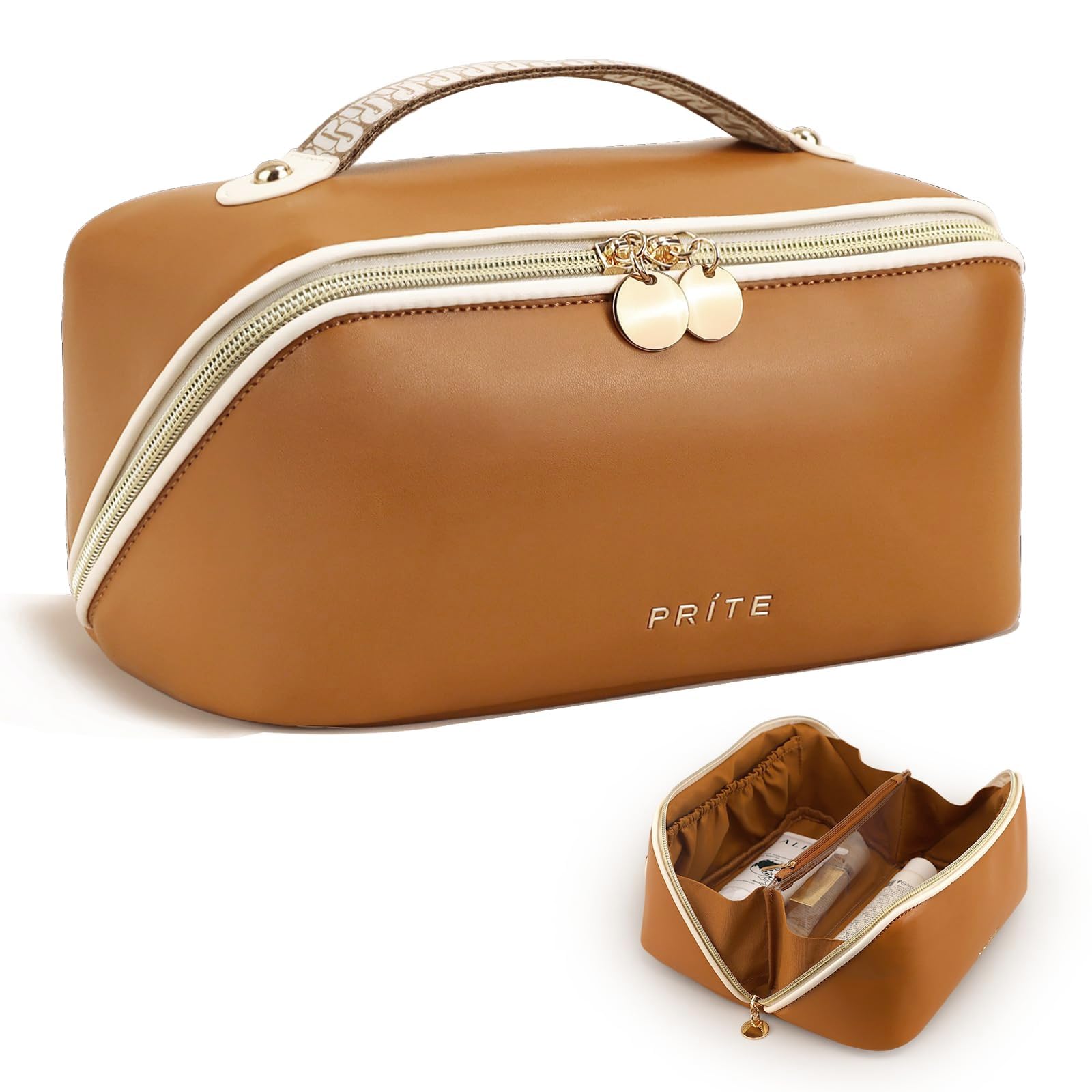 Prite Large Capacity Makeup Bag Portable Travel Cosmetic Bag Waterproof Toiletry Case with Clear Divider and Handle (Brown M) — image 1