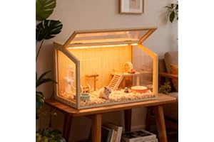 Vilanpaw Hamster Cage: Wooden Small Animal Cage with Warm Light - 24inch Clear Chewy Proof Hamster House with Openable Breath