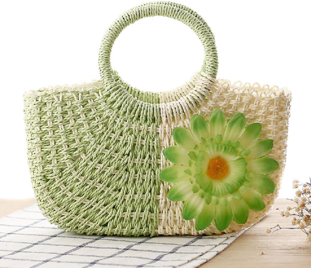 FAIRYSAN Women Sweet Big Flower Straw Beach Handbag Two Color Stitching Design Green