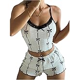 SOLY HUX Women's Bow Print Lace Pajama Set Cute Cami Tops and Shorts Sleepwear Loungewear