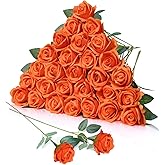 LPREUTWN 30pcs Fake Roses Artificial Silk Flowers Long Stems Bouquet for Wedding Bridal Shower Party Home Decoration (Orange)