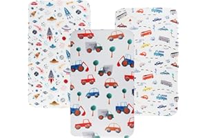 Tontukatu Pack n Play Sheet Stretchy Fitted Portable Mini Crib Sheets Set 3 Pack,Playard Sheets Convertible Playard Mattress Cover,Ultra Soft Jersey Material,Rocket Satellite,Car & Bus