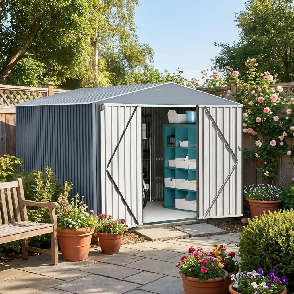 Photo 1 of **PARTS ONLY/SEE NOTES** GarveeLife 10x12ft Outdoor Storage Shed, Large Metal Storage Sheds with Sturdy Frame Structure, Metal Garden Tool Shed with Lockable Door for Garden, Lawn, Backyard, Gray