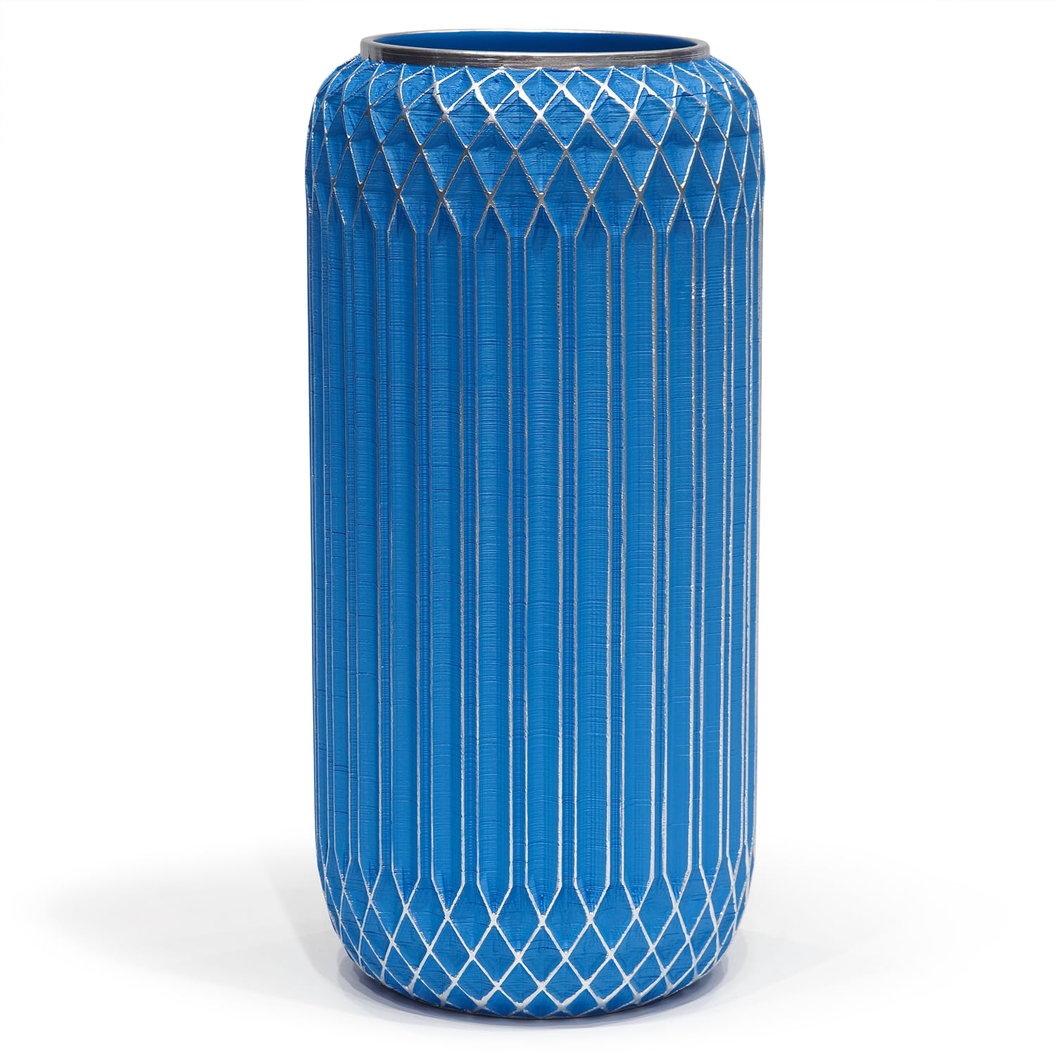 Suanti Handcrafted & Hand Painted Flower Vase - 27.5cm Tall Stylish Blue Vase with Silver Trim, Resin, for Dried/Fresh Flowers, Modern Farmhouse Decor