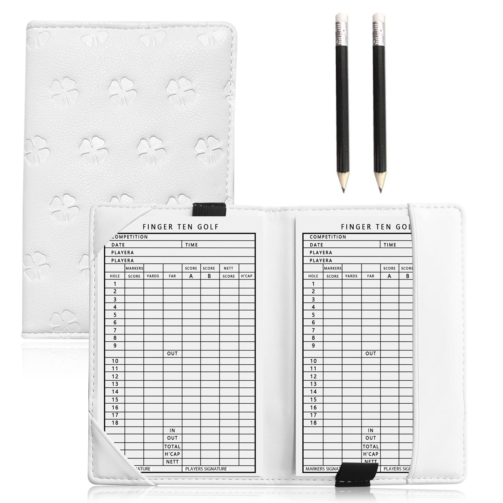FINGER TEN Golf Scorecard Holder Synthetic Leather with 2 Pencils Value Gift Pack, Golf Score Counter Book Yardage Organiser Soft Deluxe Genuine for Men Women Color Black Brown Navy (Ivory)