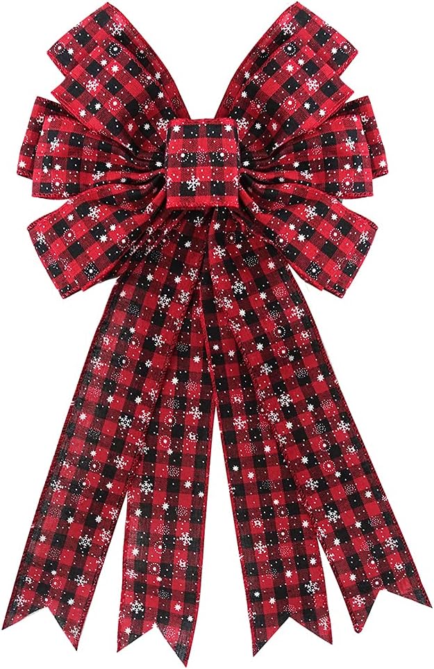 Bows & Ribbons - Hying Large Christmas Bow for Wreath, Red Black Buffalo Plaid Bows for Front Door Wall Fence Decor, Christmas Snow Flower Wreath Bow Tree Topper Bow for Winter Christmas Party Decoration Supplies