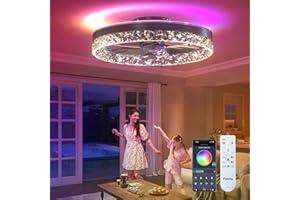 Passky RGB Flush Mount Ceiling Fans with Light, 19.7'' Low Profile Fandelier Bladeless Fans, APP & Remote Control, Timing, 6 Speeds, Modern Dimmable RGB Light for Kids Room, Bedroom, Party, Black