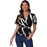 Allegra K Printed Peplum Top for Women's Flutter Sleeves Elastic Waist Belt Wrap V Neck Blouse