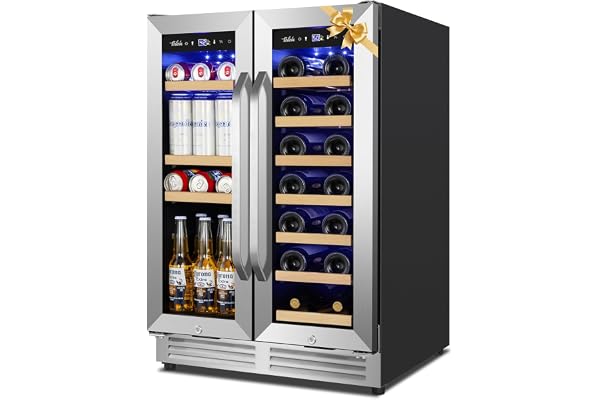 Wine and Beverage Refrigerator Upgraded, 24 Inch Beverage Refrigerator Cooler Dual Zone with Glass Door, Under Counter or Freestanding Beverage Fridge with Large Capacity, Advanced Cooling System