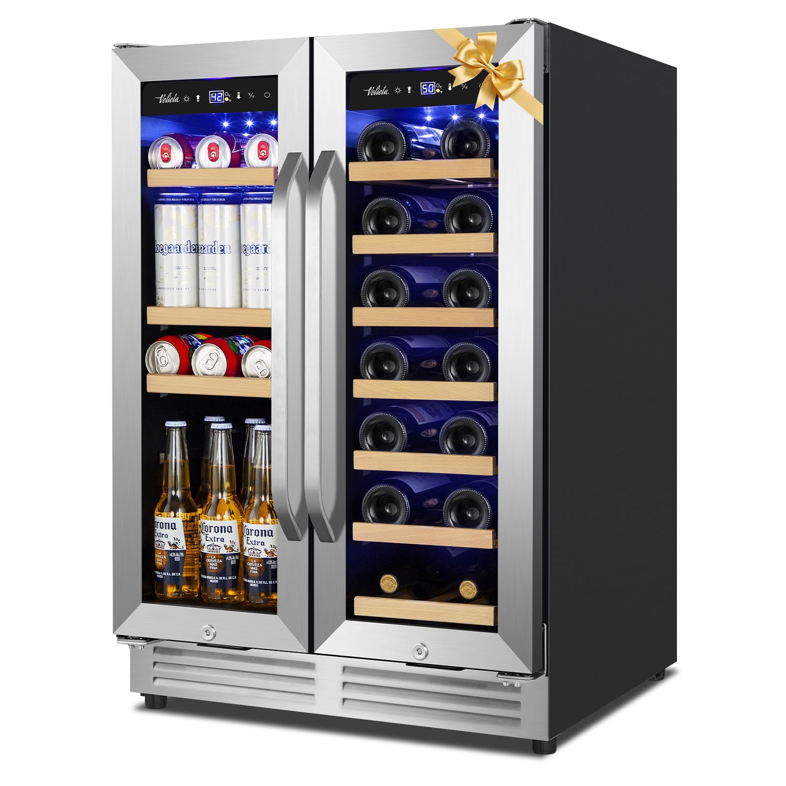 Wine and Beverage Refrigerator Upgraded, 24 Inch Beverage Refrigerator Cooler Dual Zone with Glass Door, Under Counter or Freestanding Beverage Fridge with Large Capacity, Advanced Cooling System Image