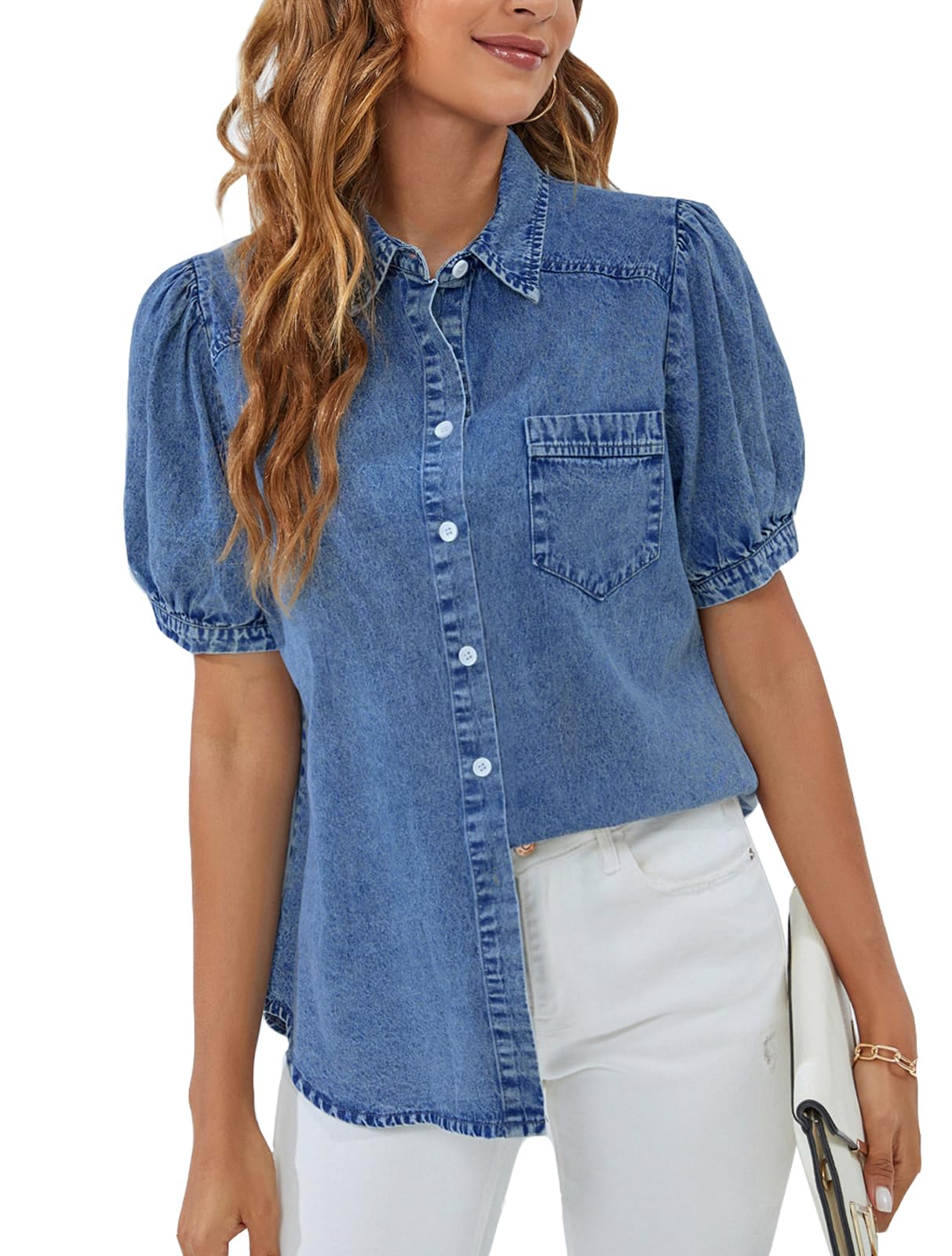 Photo 1 of BMJL Womens Denim Shirt Business Casual Button Down Work Blouses Puff Sleeve Summer Tops Blue