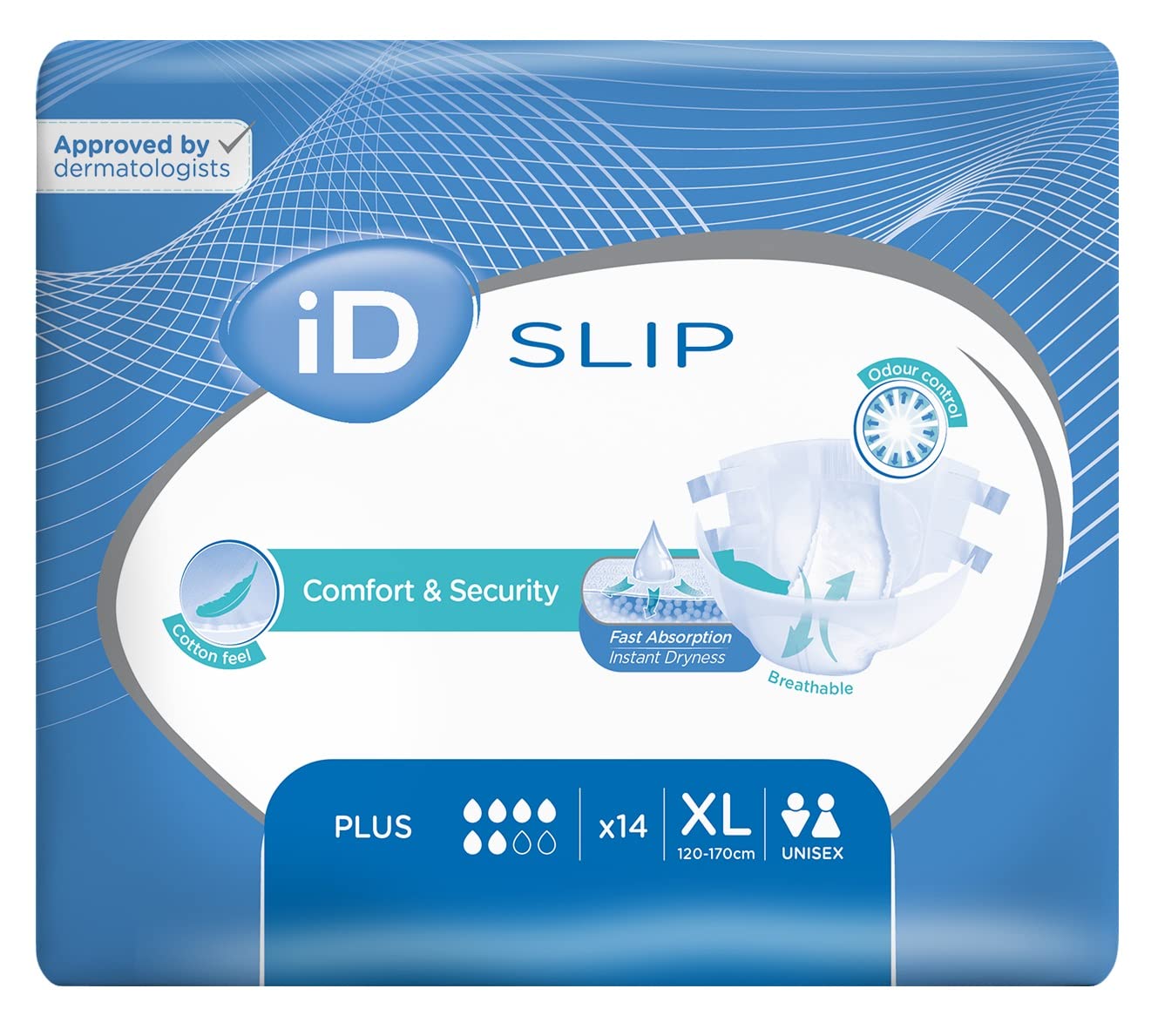 iD Expert Slip Incontinence Pads, Fast Absorbing Disposable Incontinence Briefs, Anti-Leak Protection with Wetness Indicator, Comfortable Cotton-Feel, Odour Control, XL, Plus, 120-170 cm