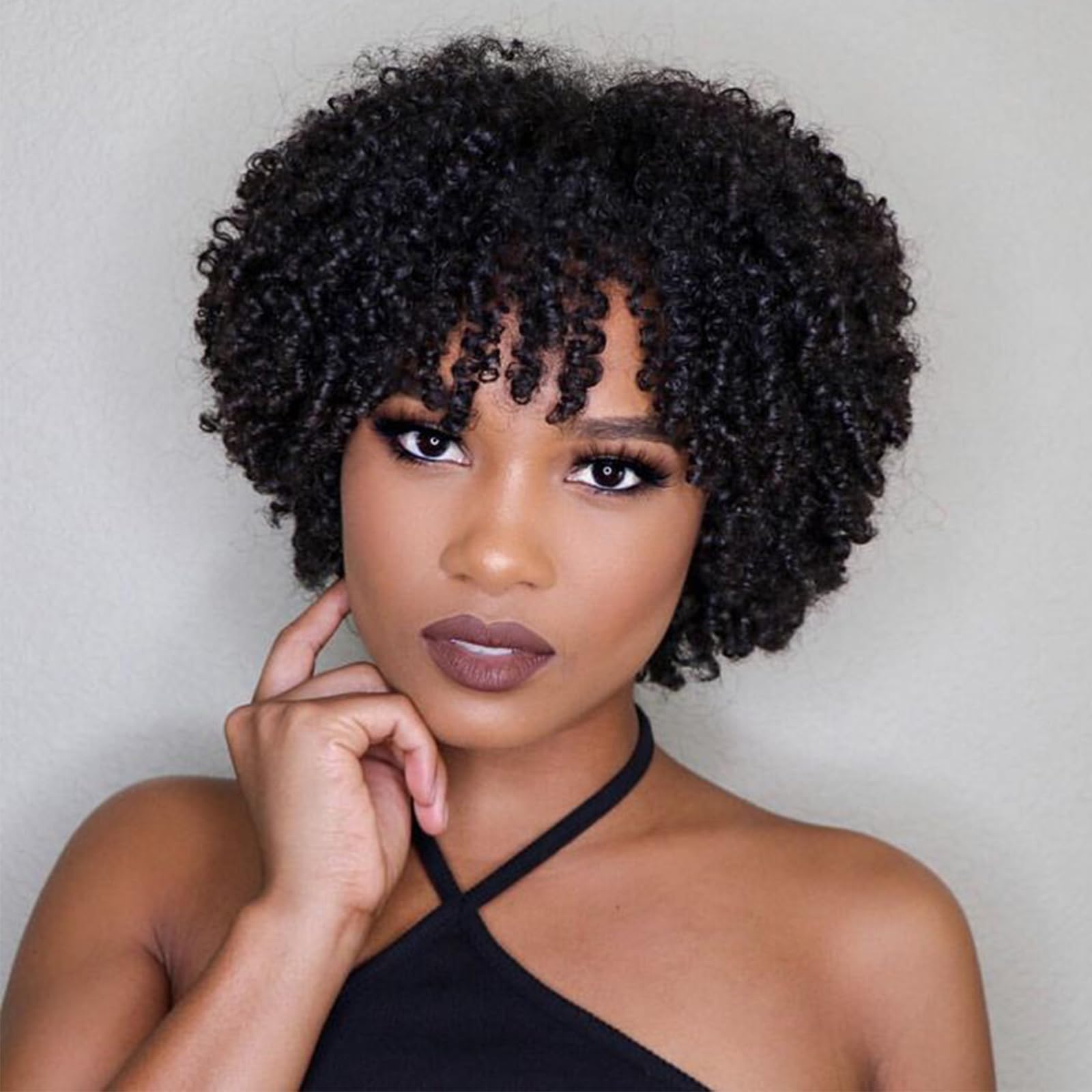 Photo 1 of HOTJAR Pixie Cut Wigs For Black Women Short Human Hair Wigs With Bangs Layered Pixie Full Machine Made Wig Natural Black Color (Natural black, Pixie cut wigs 294# 6 Inch)