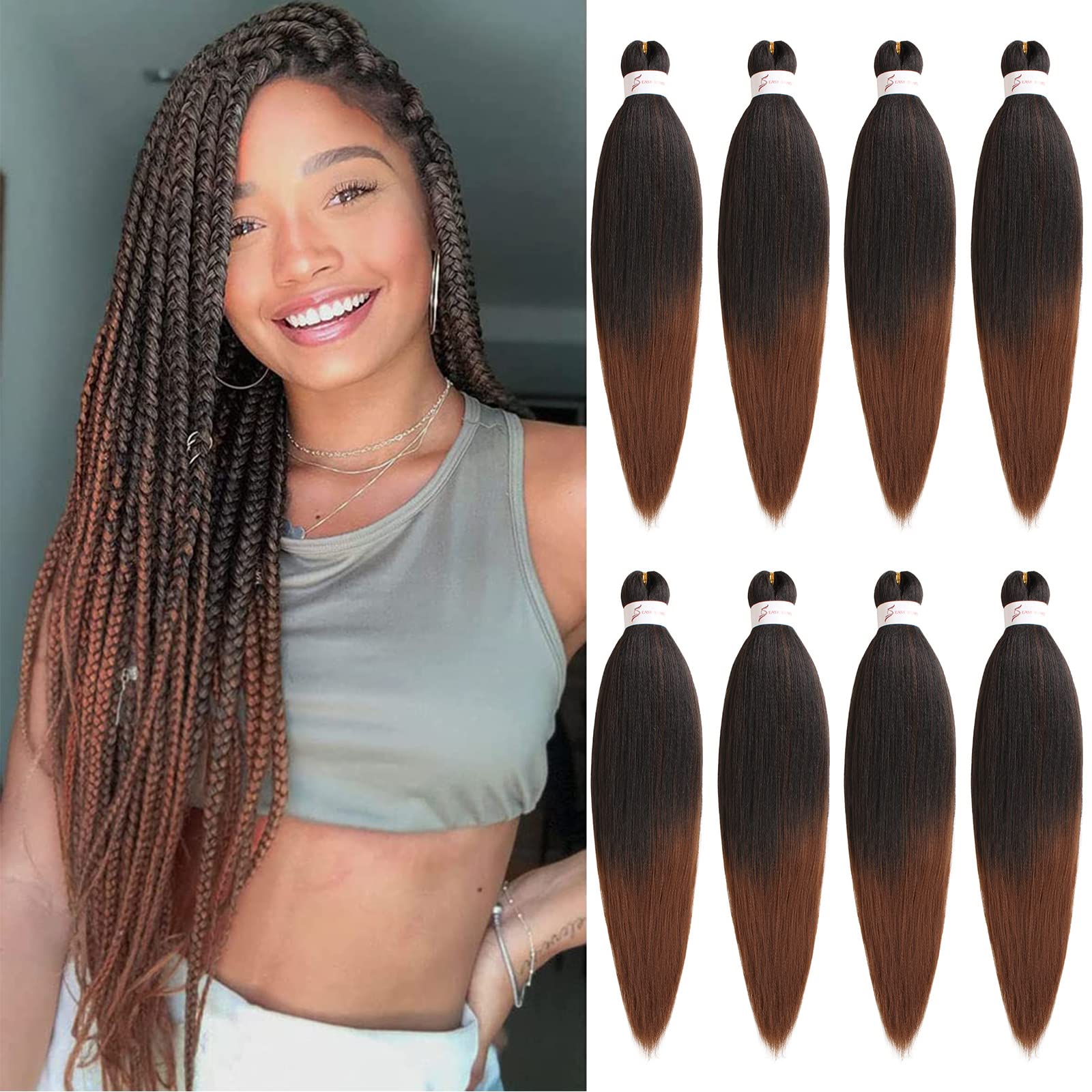 Xtrend 8 Packs 26 Inch Ombre Brown EZ Braiding Hair Extensions Pre Stretched for Box Braids Yaki Straight Kanekalon Fiber Pre Stretched Crochet Braiding Hair Extension T30#
