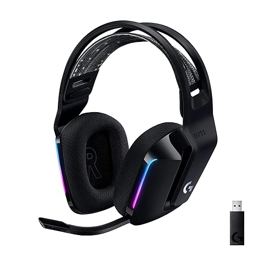 Logitech G733 Lightspeed Wireless Gaming Headset, Suspension Headband, Lightsync RGB, Blue VO!CE Mic, PRO-G Audio – Black, Gaming Headset Wireless, PC, PS5, PS4, Switch Compatible
