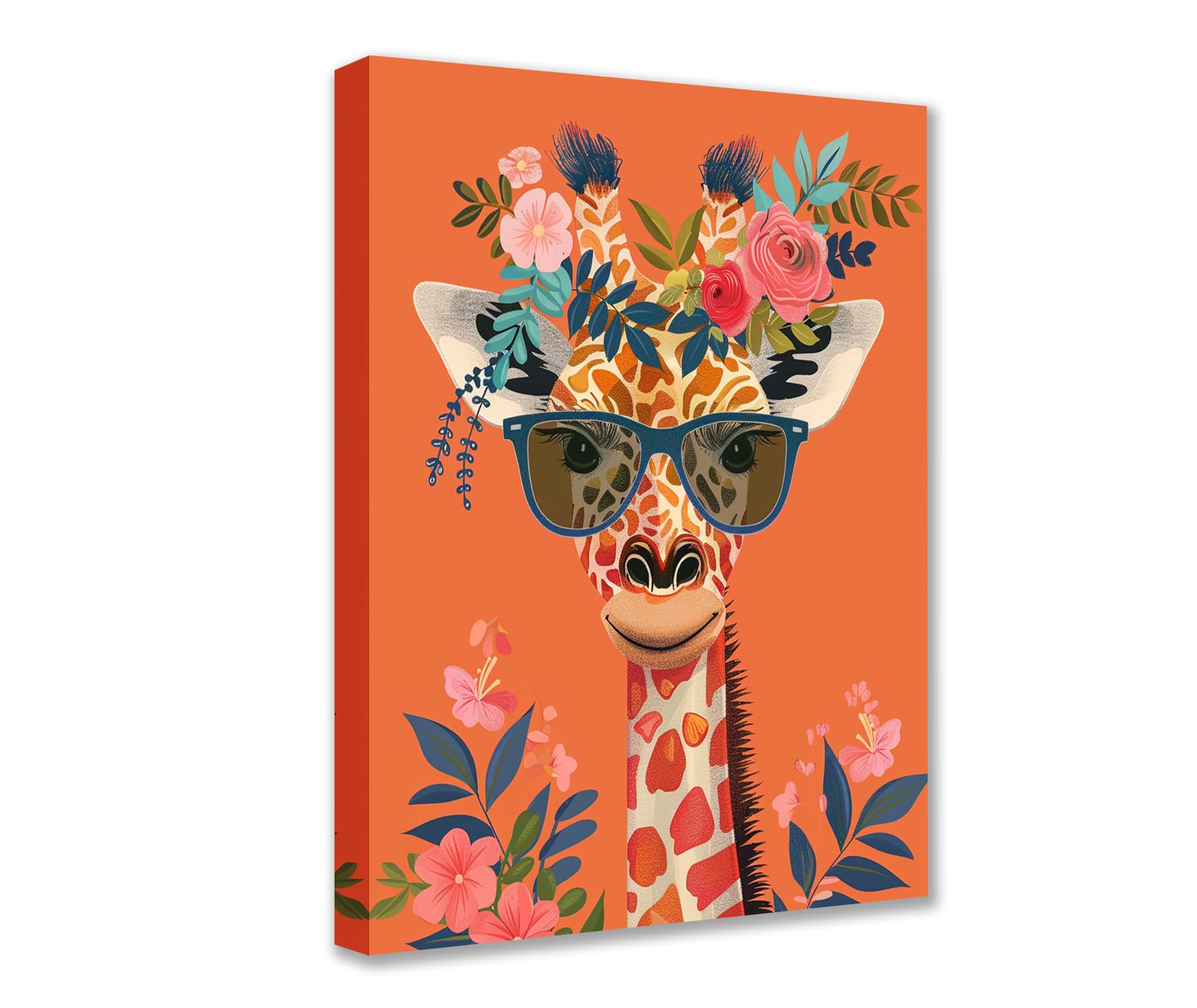Giraffe Wearing a Big Shades 1P Canvas Room Wall Creative Pictures Funny Cute Animal and Flowers Poster Prints Artwork Home Decor for Living Room Framed Gallery-Wrapped Ready to Hang 16x24inch