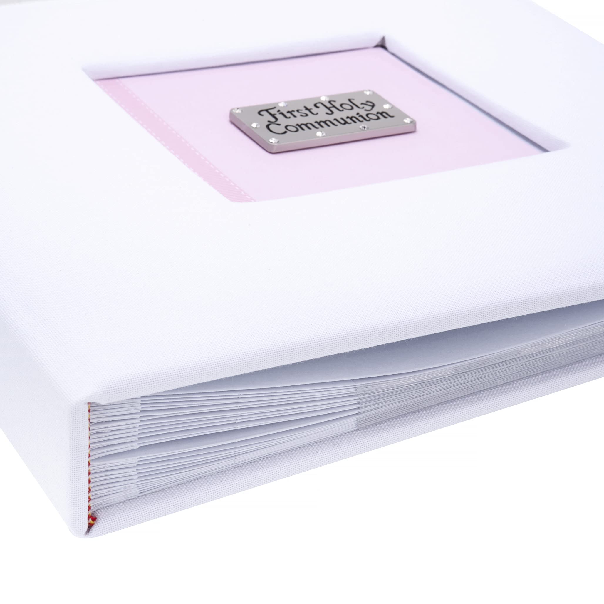 First Holy Communion photo album, soft pink design on white linen fabric (boxed gift - Holds 6x4 photos x 100) with lined message area
