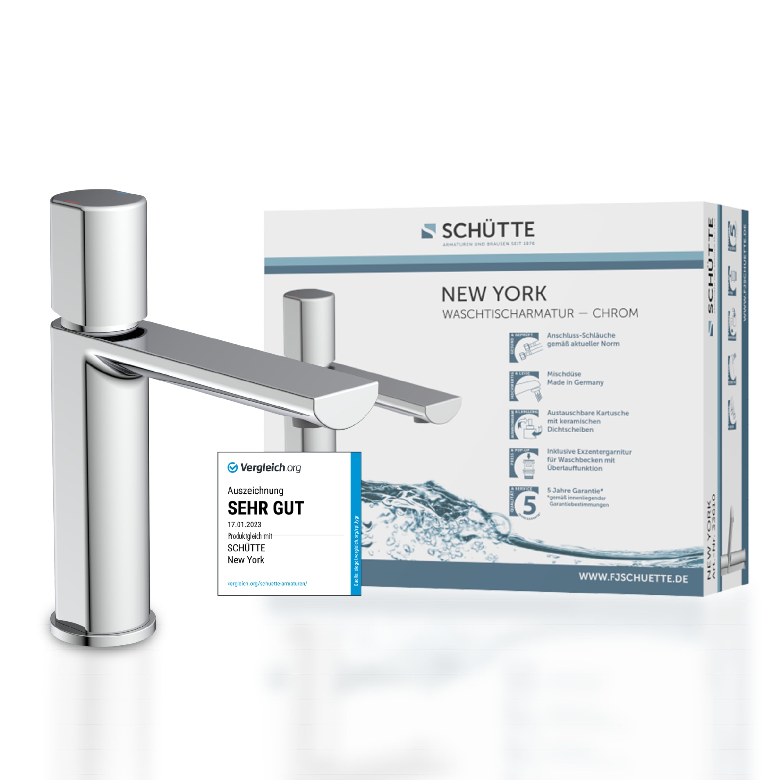 Schütte New York 33610 Washbasin Faucet, Chrome Contemporary Single-Lever Mixer Tap with Pop-Up Drain, Bathroom Tap