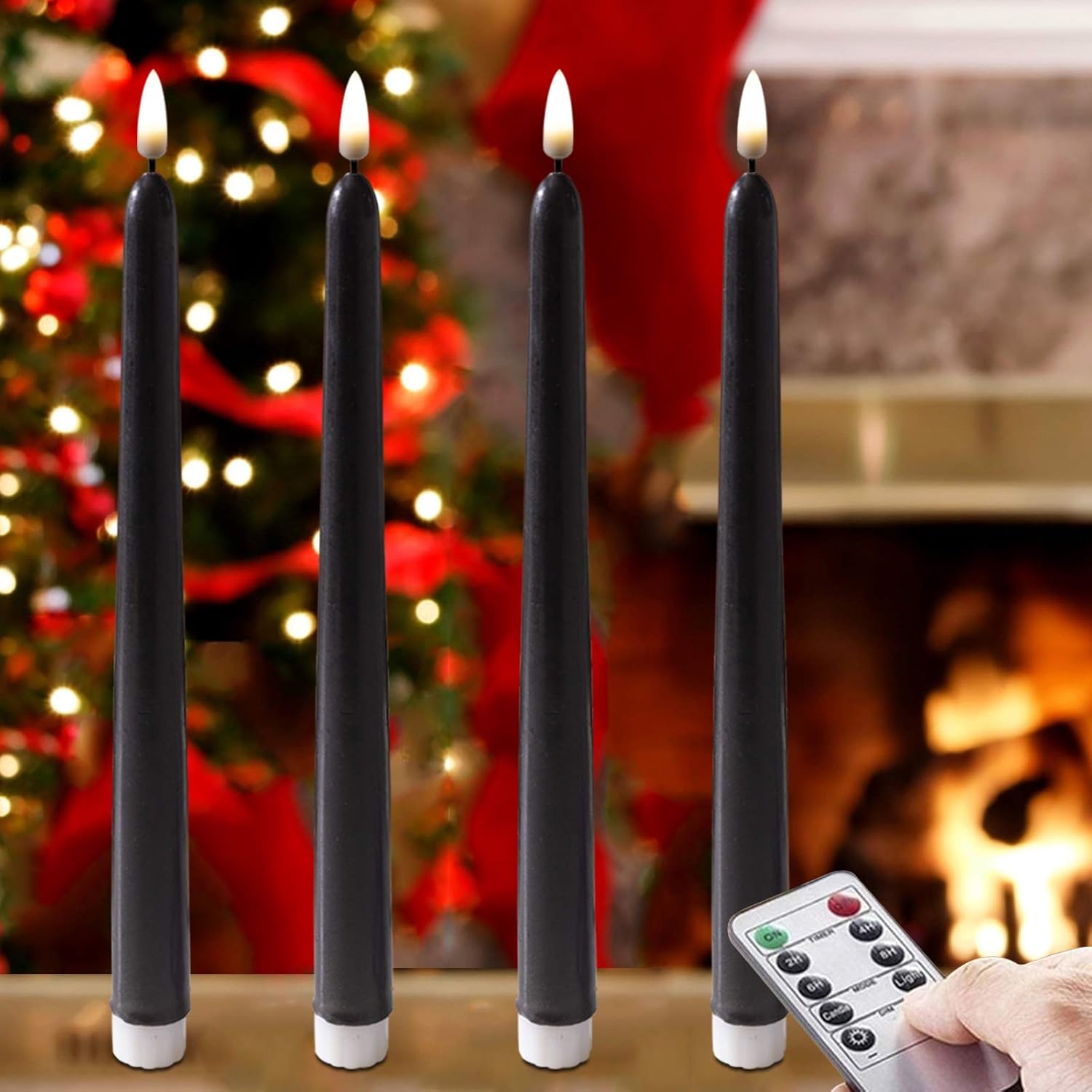 4 Pack Black Wax Covered Flameless Taper Candles, LED Battery Operated