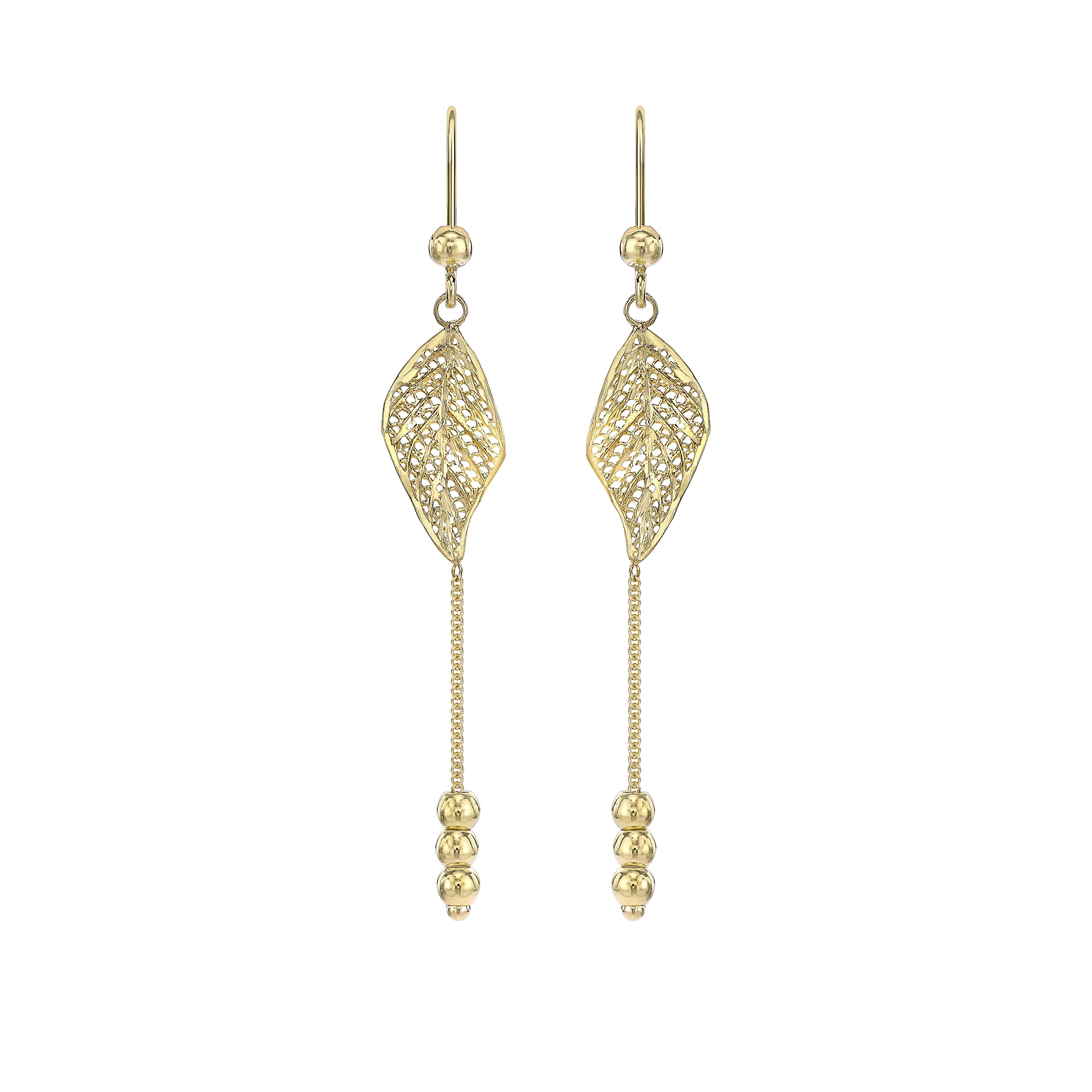 CARISSIMA Women's 9ct Yellow Gold Diamond Cut Leaf and Chain Drop Earrings - 8.5mm x 60mm