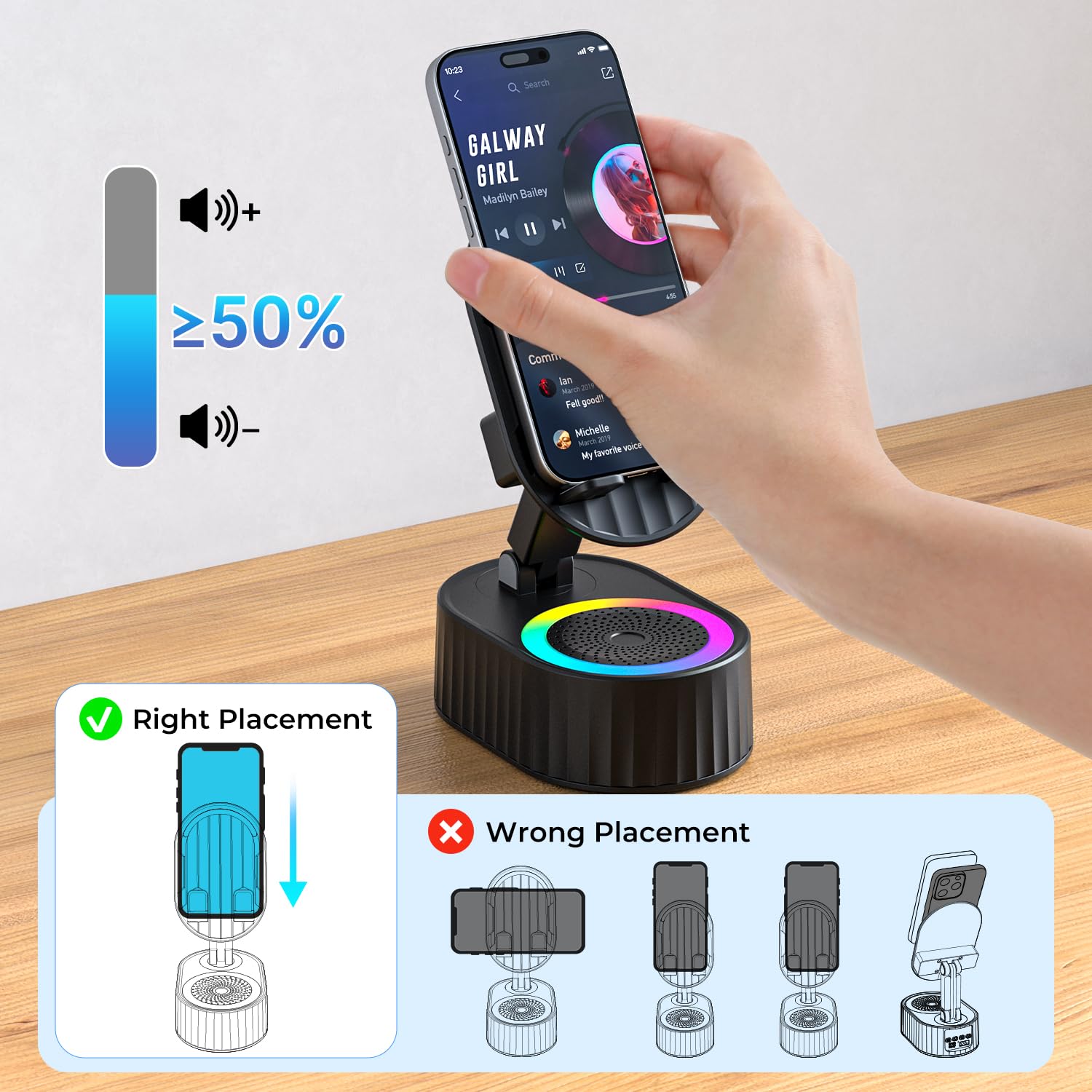 Wireless Induction Audio Bluetooth Speaker 5in1 Phone Holder Emergency Rechargeable (3000mAh) with Colorful Ambient Light 300° Foldable for Tablet iPhone Android, Gifts for Men Women (Black)