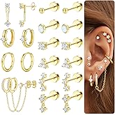 Florideco Gold Earrings for Women Hypoallergenic Flat Back Earrings 14K Gold Flatback Studs Surgical Stainless Steel Earrings Small Hoops Earring Stacks Cartilage Earring Sets for Multiple Piercing