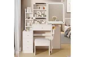 HOUAGI Small Bedroom Vanity Table Set,Makeup Vanity Desk Set with Sliding Mirror and Lights,Dressing Table Set for Bedroom (White)