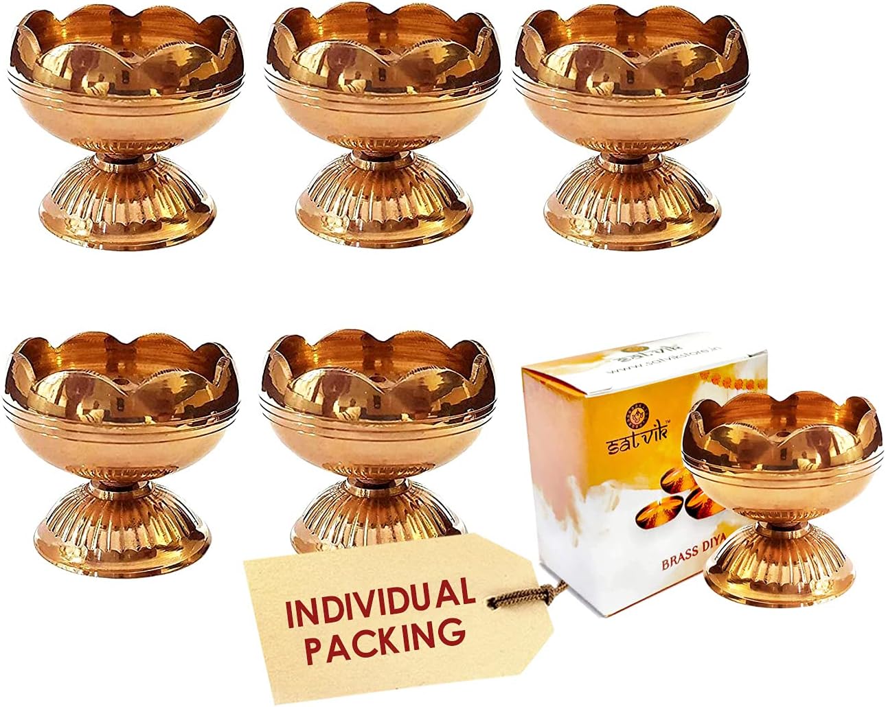Oil Lamps & Accessories - SATVIK 6 Pc Brass Diya (Big) for Diwali Decoration. Handmade Oil Lamp with Golden Engraved Made of Virgin Brass Metal. Diwali Diya Vilakku for Puja Pooja. Traditional Indian Deepawali Gift Items