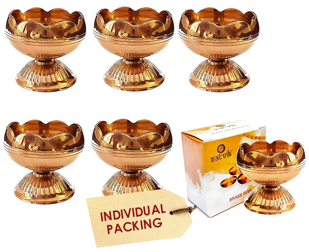 SATVIK 6 Pc Brass Diya (Big) for Diwali Decoration. Handmade Oil Lamp with Golden Engraved Made of Virgin Brass Metal. Diwali Diya Vilakku for Puja Pooja. Traditional Indian Deepawali Gift Items Bulk