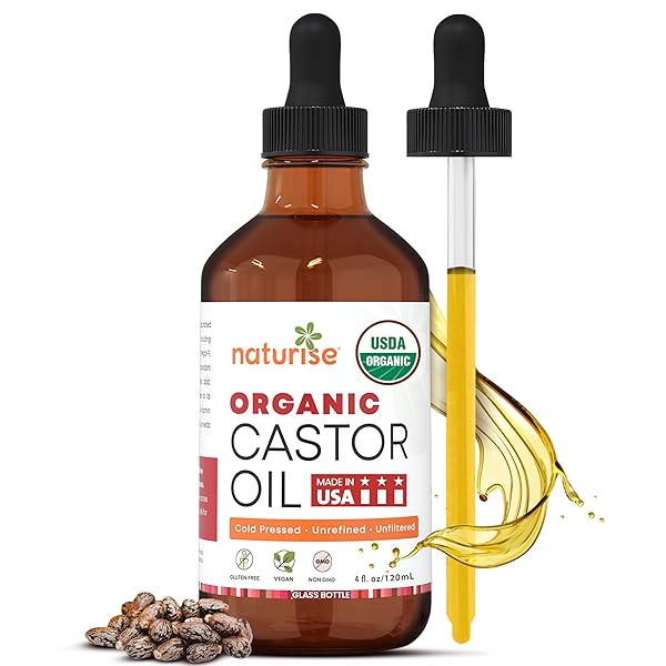 NATURISE USDA ORGANIC CASTOR OIL FOR HAIR GROWTH – PURE CASTOR OIL ORGANIC COLD PRESSED & UNREFINED IN GLASS BOTTLE – VEGAN, NON-GMO OILS FOR EYELASH, EYEBROW, HAIR, SKIN & FACE SUPPORT (4 FL OZ)