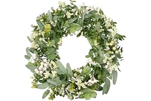 Vlorart Artificial Spring Summer Christmas Greenery Wreaths for Front Door Green Eucalyptus Leaf Wreath Decor Boxwood with Big Berries for Farmhouse Outside Year Round
