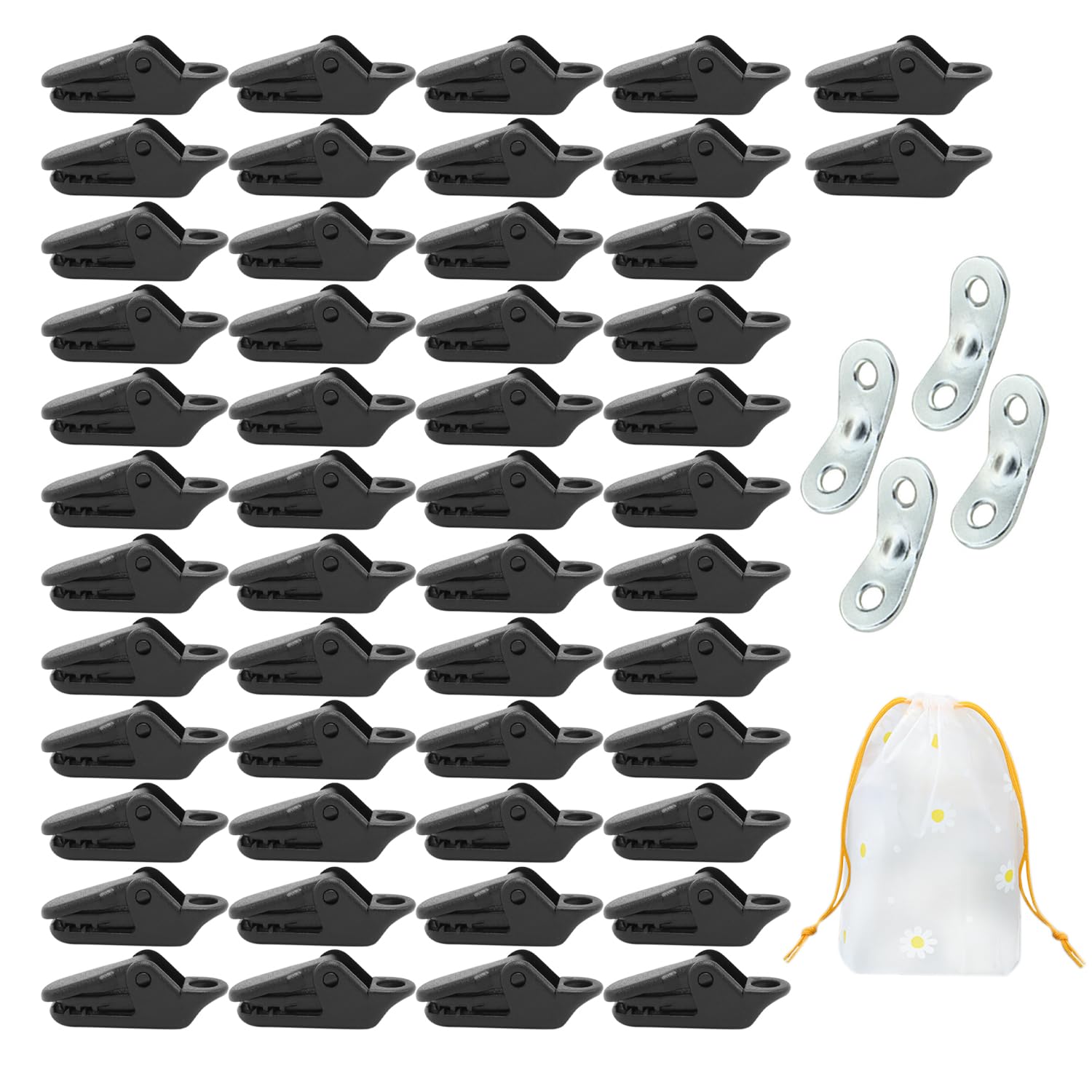 GVSAVY 50 Pieces of Tent Clips, 4 Pieces of Double-Eye Wind Rope Buckles, 1 Storage Bag, Windproof Tent Clips, Outdoor Camping Alligator Clips
