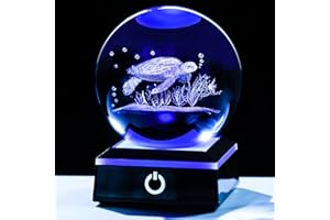 YWHL 3D 3.14in Crystal Sea Turtle Ball Gifts for Women Men with Colorful LED Base 3D Laser Etched Glass Sea Turtle Ball Ornaments Sphere Decor Figurines Gifts for Turtles Lovers