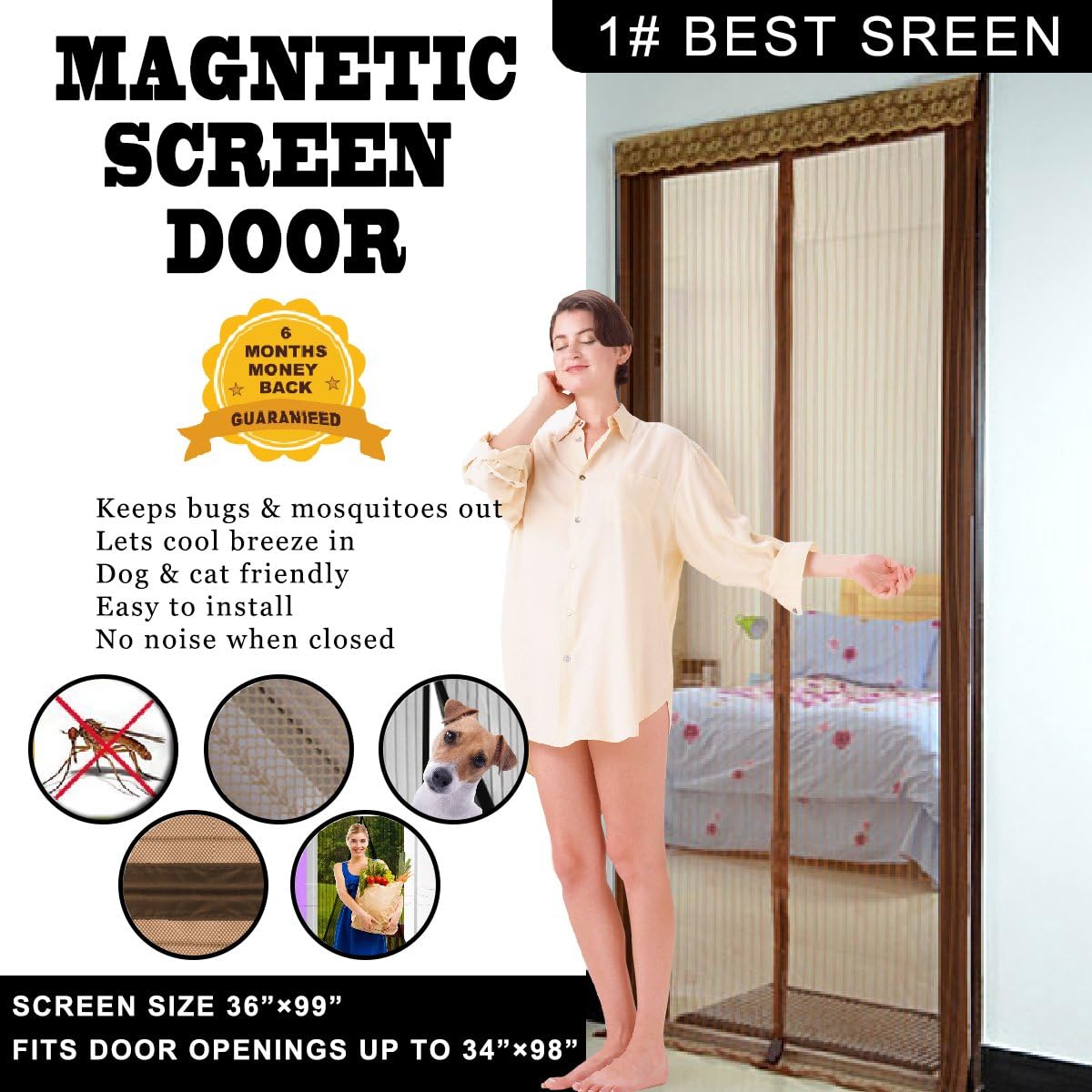 Heart sea art Magnetic Screen Door, Mesh Curtain-Keeps Bugs & Mosquitoes Out, Lets Cool Breeze in-Screen Size 36"x 99"- Fits Doors UP TO 34"x98" MAX - Best Quality Construction-Dog & Pet Friendly
