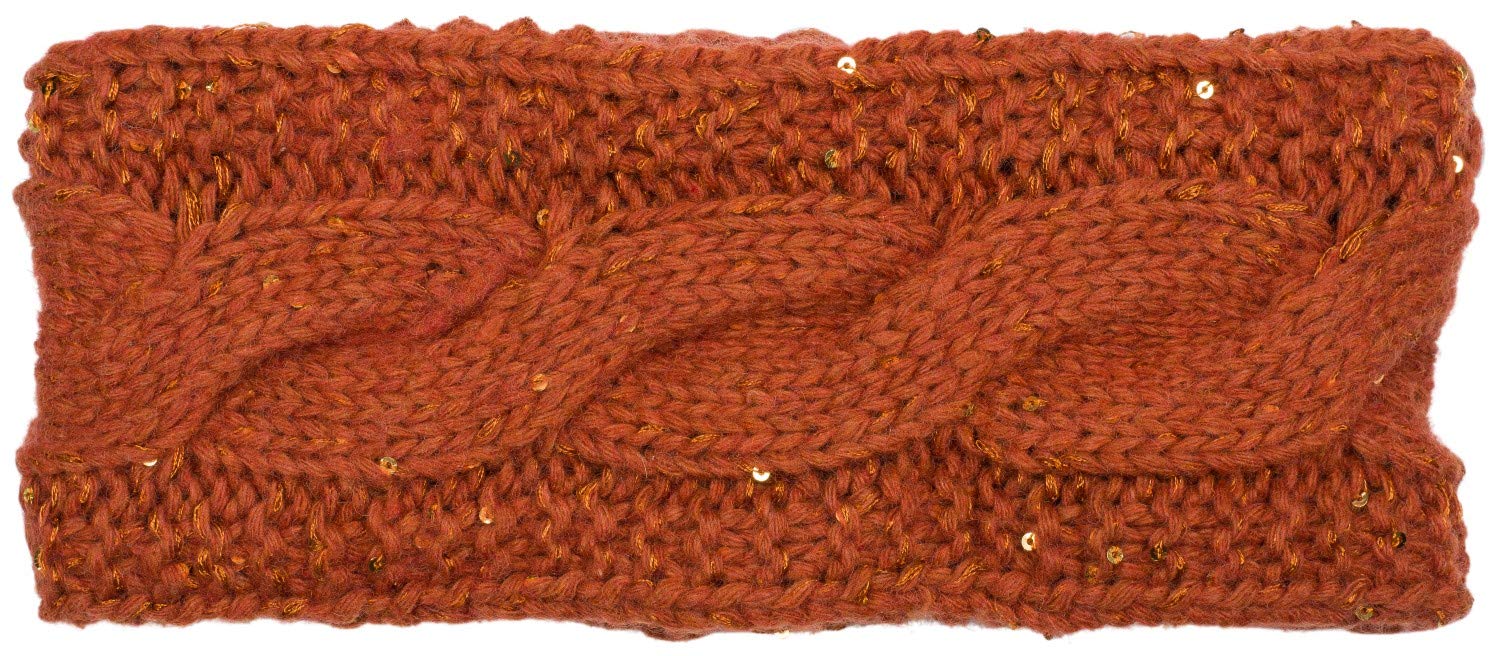 styleBREAKER Women Browband coarse knit with plait pattern and sequins, warm fleece lining, hair band, headband 04026002, color:Cognac