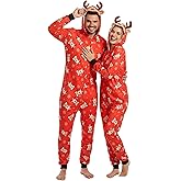 BFONS Christmas Pajamas for Couples Matching Onesie Adult, Long Sleeve Zipper Hoodie Reindeer Family Set for Women